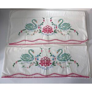 Handmade Swan Embroidered Pillowcases White w/ Pink Crochet Trim Pair Cotton Vtg